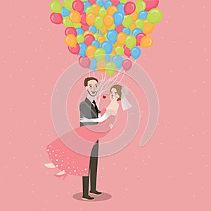Honeymoon wedding couple with baloon fly all around fun romance illustration