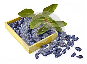 Honeysuckle berry fruits in a wood box