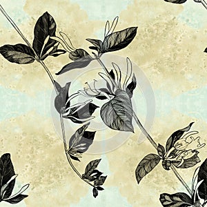 Honeysuckle. Branch with flowers and buds. Garden flower. Seamless patterns on a watercolor background. Use printed materials,
