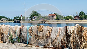 Honfleur, France. Drying fishing nets on the shore.