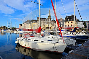 Honfleur harbor with close up of boats, France