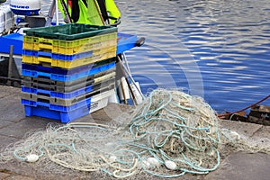 Normandy, France. Colored fish net in hatbor of Honfleur, Normandy, France.