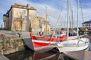 Honfleur, Normandy, France. Picturesque port in old town. Northern France`s region. Popular travel destination in Europe