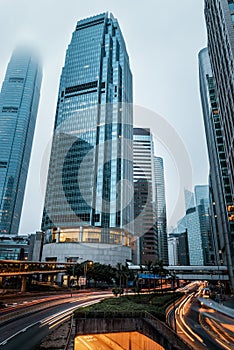 Hong Kong Business Downtown and Financial District, Modern Architecture of Skyscrapers Building at Twilight. Urban Cityscape With