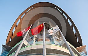 Hong Kong and China flags outside the Hong Kong Convention and Exhibition Centre, Wan Chai, Hong Kong Island