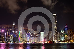 Hong Kong city laser show Symphony Of Lights Panorama Landmark skyscraper buildings at Victoria harbor in Hong Kong City