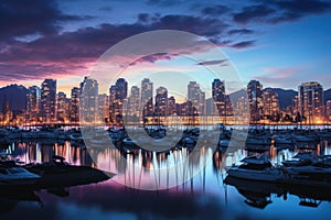 Hong Kong city at night, Hong Kong cityscape with harbor and boats, Vancouver in Canada, AI Generated