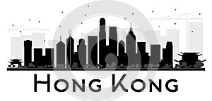 Hong Kong City skyline black and white silhouette.