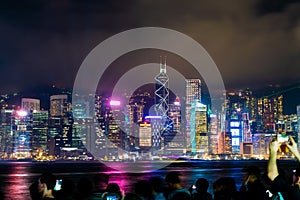 Hong Kong city skyline at night and light up