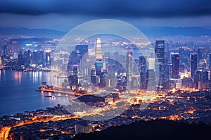 Hong Kong cityscape at night, China. View from Victoria Peak, Seoul Skyline, AI Generated