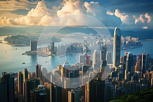 Hong Kong cityscape with skyscrapers at sunset, China, Skyline of Hong Kong Island and Kowloon from Victoria Peak, AI Generated