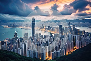 Hong Kong cityscape at sunset, Hong Kong Island, China, Skyline of Hong Kong Island and Kowloon from Victoria Peak, AI Generated