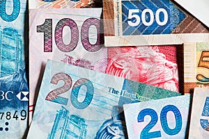 Hong Kong Dollar banknotes as money background.