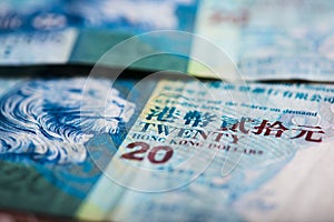 Hong Kong Dollar banknotes as money background.