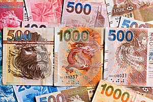 Hong Kong Dollar banknotes as money background.