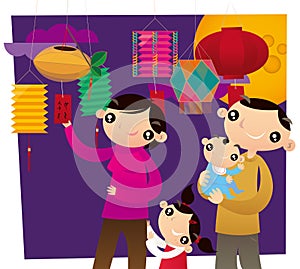 A Hong Kong family playing Riddle-guessing game in Chinese Lantern festival