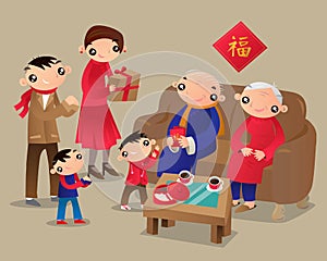 Hong Kong family visits relatives` home during The Chinese New Year Festival.