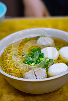 Hong Kong Fish Ball Noodle Soup with Scallions on Top.