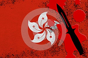 Hong kong flag and black tactical knife in red blood. Concept for terror attack or military operations with lethal outcome