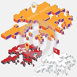 Hong Kong flag on map element with 3D isometric shape