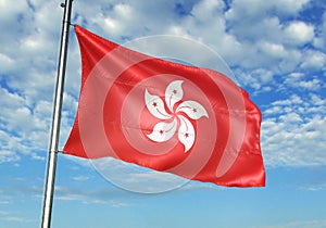 Hong Kong flag waving with sky on background realistic 3d illustration