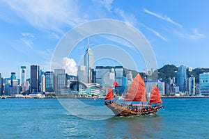 Hong Kong harbour with junk boat