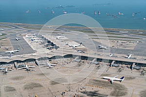 Hong Kong international airport with airplane parking.