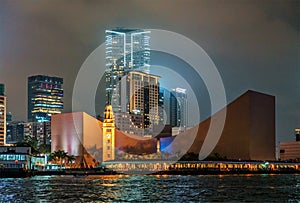 Night Hong Kong cityscape. City skyline view of Hong kong Cultural Centre in Tsim Sha Tsui across Victoria Harbour