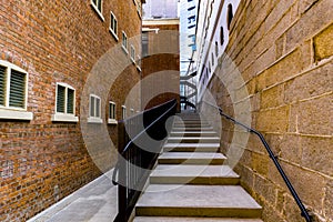 Hong Kong - January 18 2020 : Stair in the lane lead to the U-Shaped Staircase in Former Victoria Prison, Tai Kwun, Central