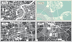 Hong Kong, Jinan, Hefei and Shanghai China City Maps Set in Retro Style