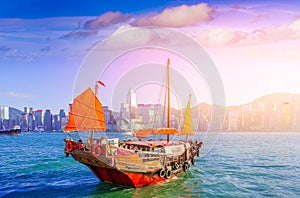 Hong Kong Junk Boat and Victoria Harbor