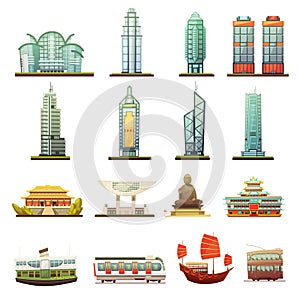 Hong Kong Landmarks Transportation Icons Set photo