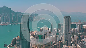 HONG KONG - MAY 2018: Aerial view of Victoria bay from Kowloon district side in 4k. Skyscrapers on the waterfront.