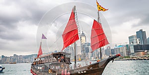 HONG KONG - MAY 12, 2014: The Aqua Luna sail around Victoria Harbour. The Aqua Luna Tsai, is a Chinese Junk operating in Victoria