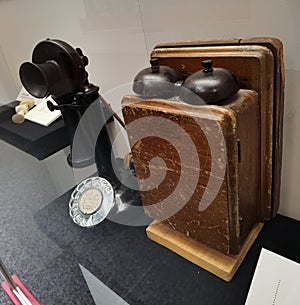 Hong Kong Museum of History Antique Telephone Ancient Telecommunications Device Microphon Wall Mounted Retro Wooden Receiver Phone