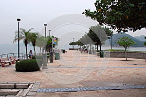 Hong Kong Panorama of megacities skyscrapers surrounded by the sea bay.