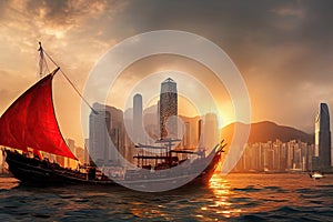 Hong Kong red sail junk boat