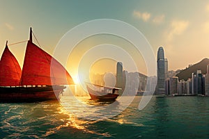 Hong Kong red sail junk boat