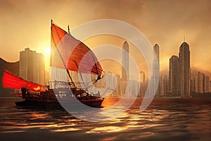 Hong Kong red sail junk boat