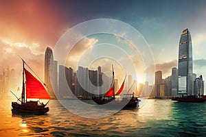 Hong Kong red sail junk boats