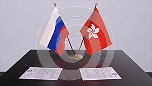 Hong Kong and Russia national flag, business meeting or diplomacy deal. Politics agreement 3D illustration