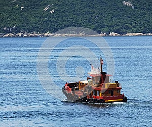 Hong Kong Sampang Wooden Boat Fisherman Fishing Boats Sailing Motor Junk Ship Blue Ocean Horizon