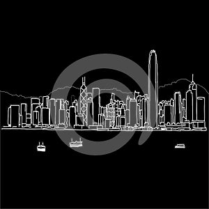 Hong Kong skyline drawing. Black and white illustration