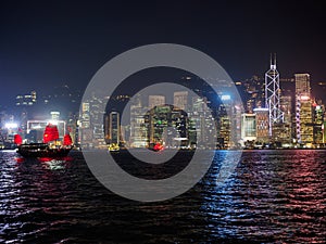 Hong Kong skyline at evening with a junk boat in the foreground