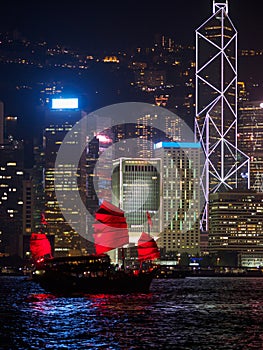 Hong Kong skyline at evening with a junk boat in the foreground