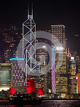 Hong Kong skyline at evening with a junk boat in the foreground