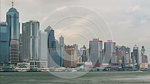 Hong Kong skyline in the morning over Victoria Harbour timelapse.