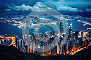 Hong Kong skyline at night, Hong Kong cityscape with Victoria Peak, Skyline of Hong Kong Island and Kowloon from Victoria Peak, AI