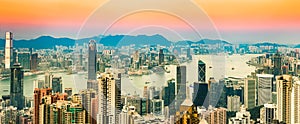 Hong Kong skyline at sunset. Panorama