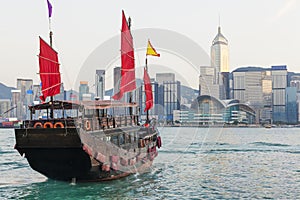 Hong Kong skylines and junk boat